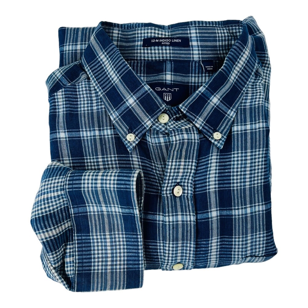 GANT Blue w/ White Check 12-M Indigo Linen Cotton Button‎ Down Mens Size XL